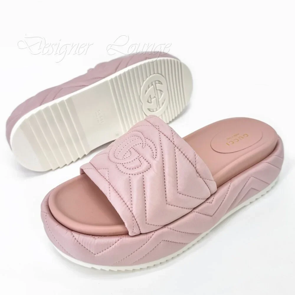 NEW GUCCI Angelina Quilted GG Logo Pink Nylon Platform Sandals EU 39 US 9
